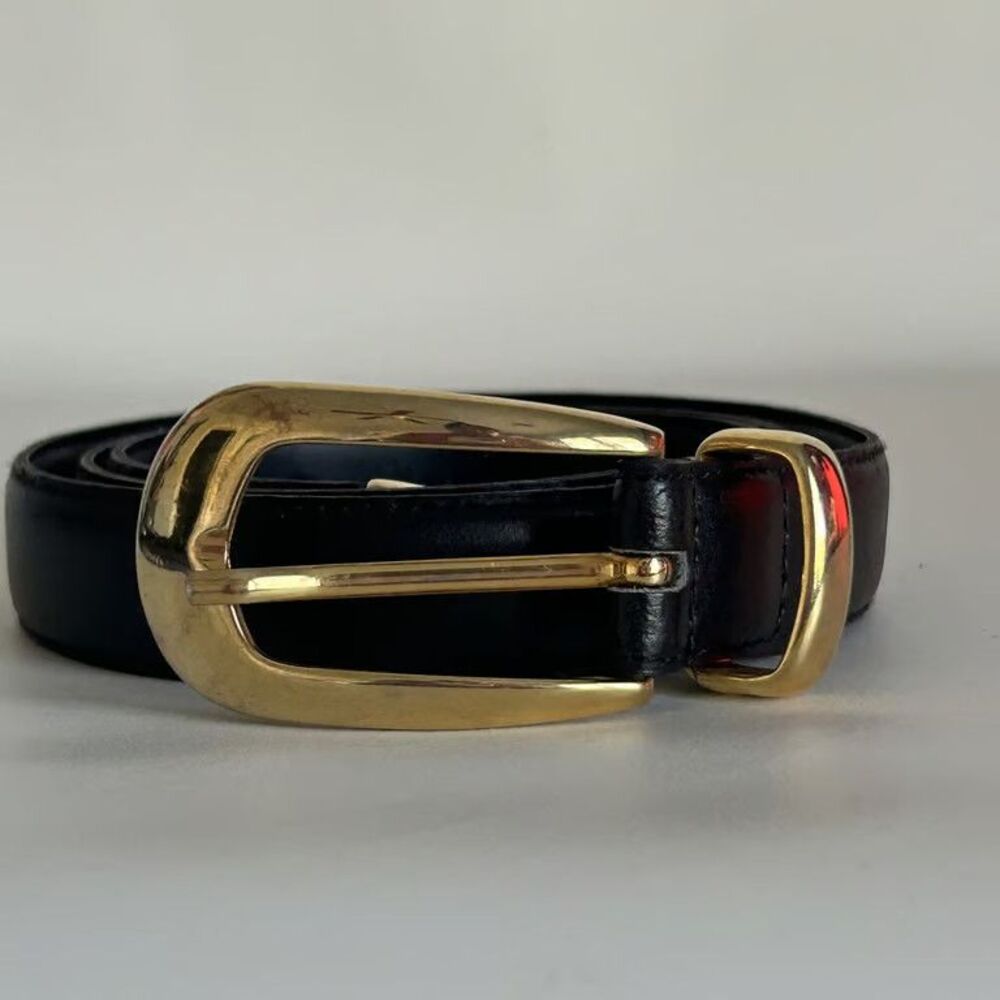 Womens Belt L Genuine Leather Black Gold Buckle Made in Italy Vintage